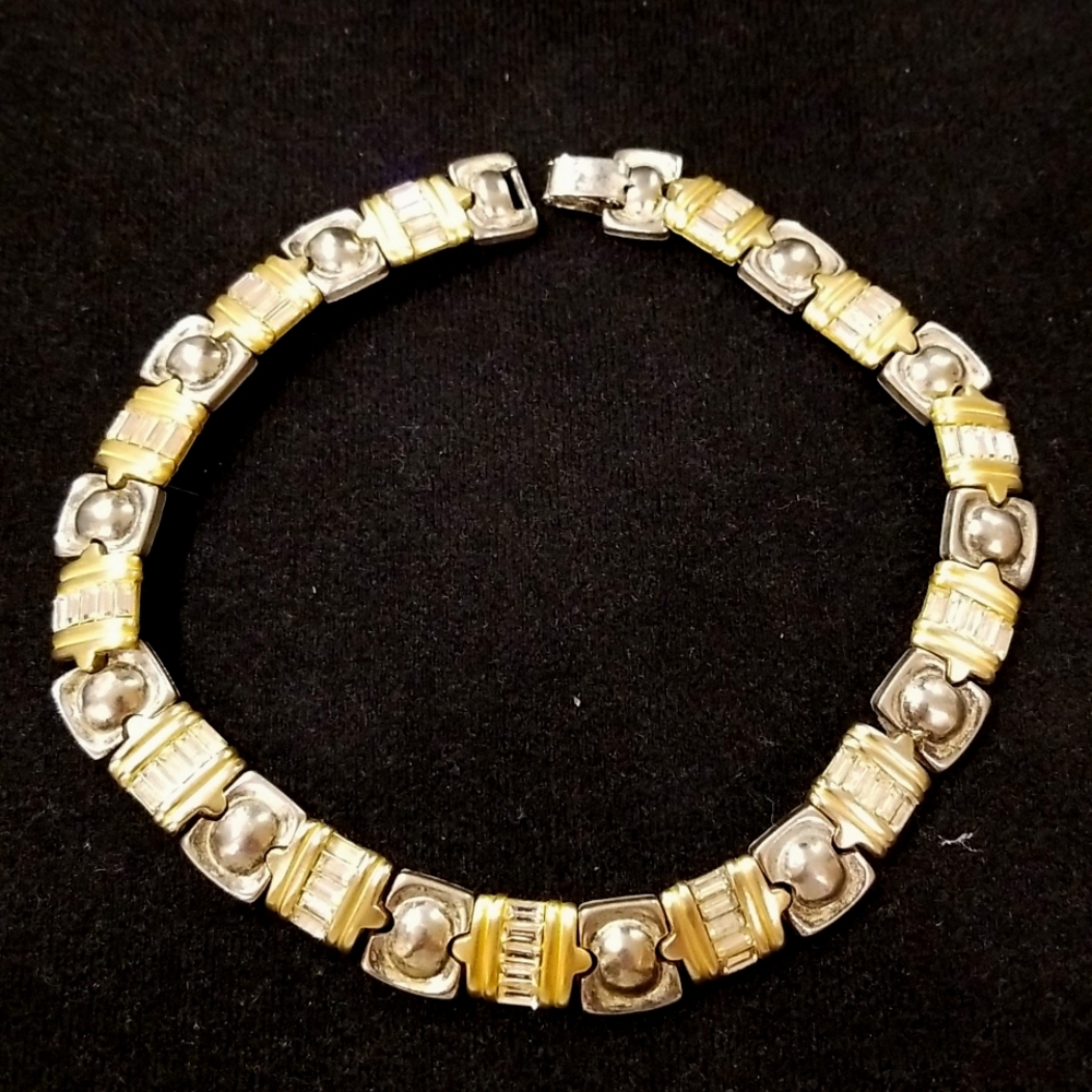 Vintage Designer Roxanne Assoulin Rare Gold,Silver Crystal Baguette Necklace